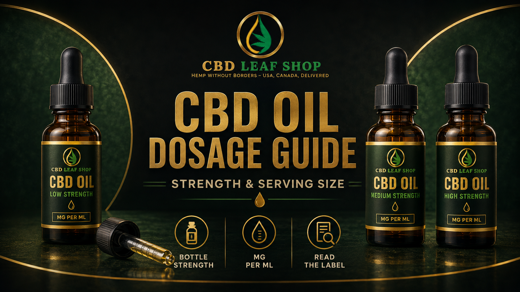 CBD Leaf Shop CBD oil dosage guide comparing bottle strength, milligrams per milliliter and label information