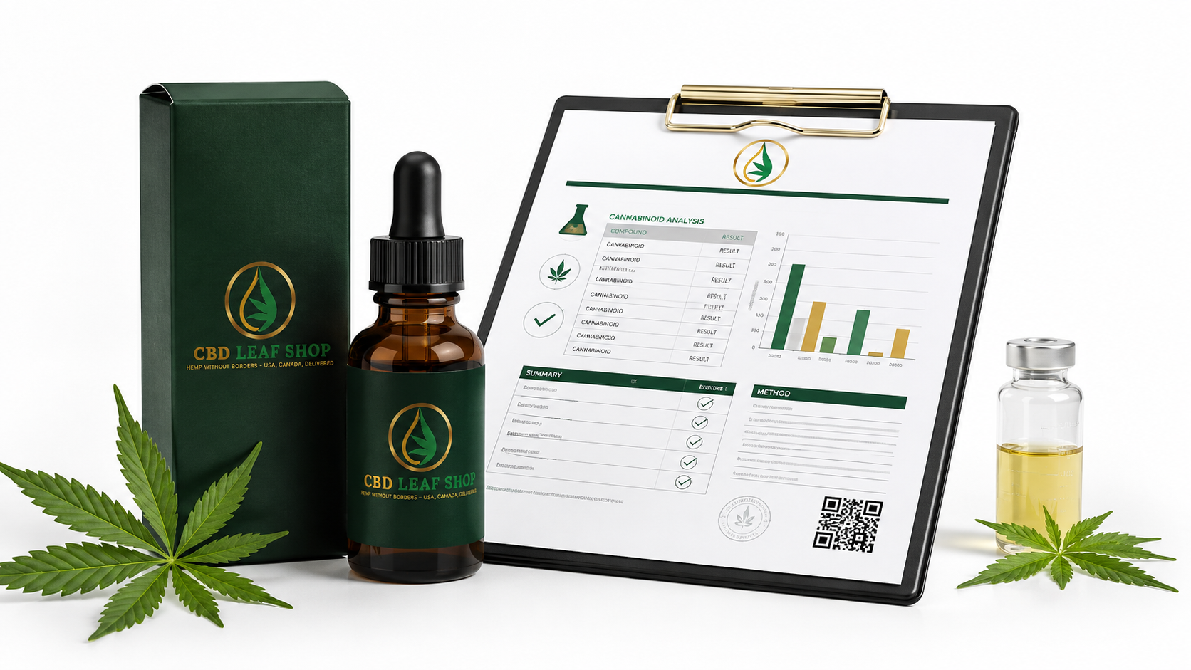 CBD Leaf Shop bottle and packaging beside a cannabinoid certificate of analysis in a white laboratory setting